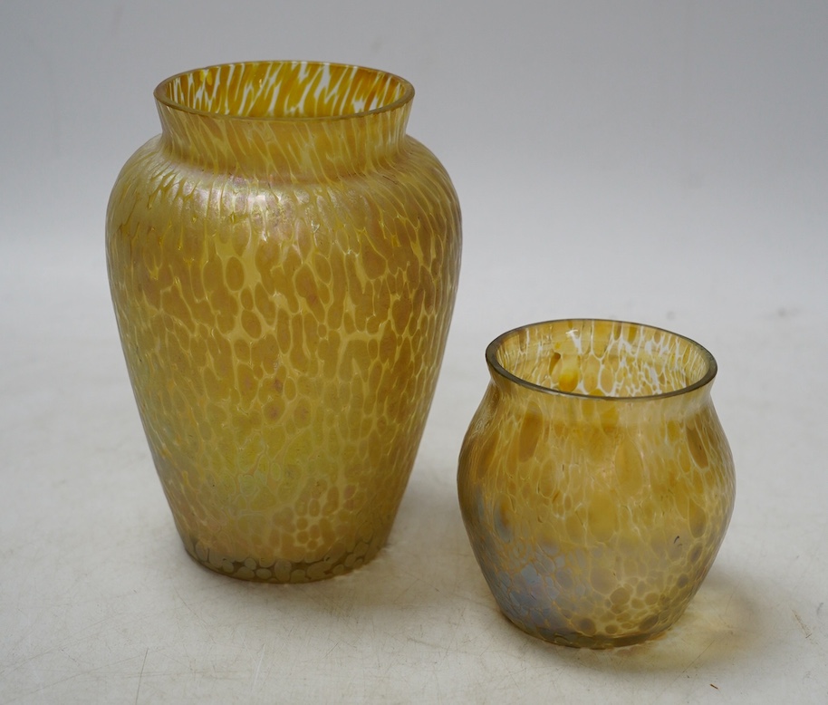 Two yellow Loetz style vases, tallest 13cm high. Condition - tallest has a small chip to top edge, the smaller good